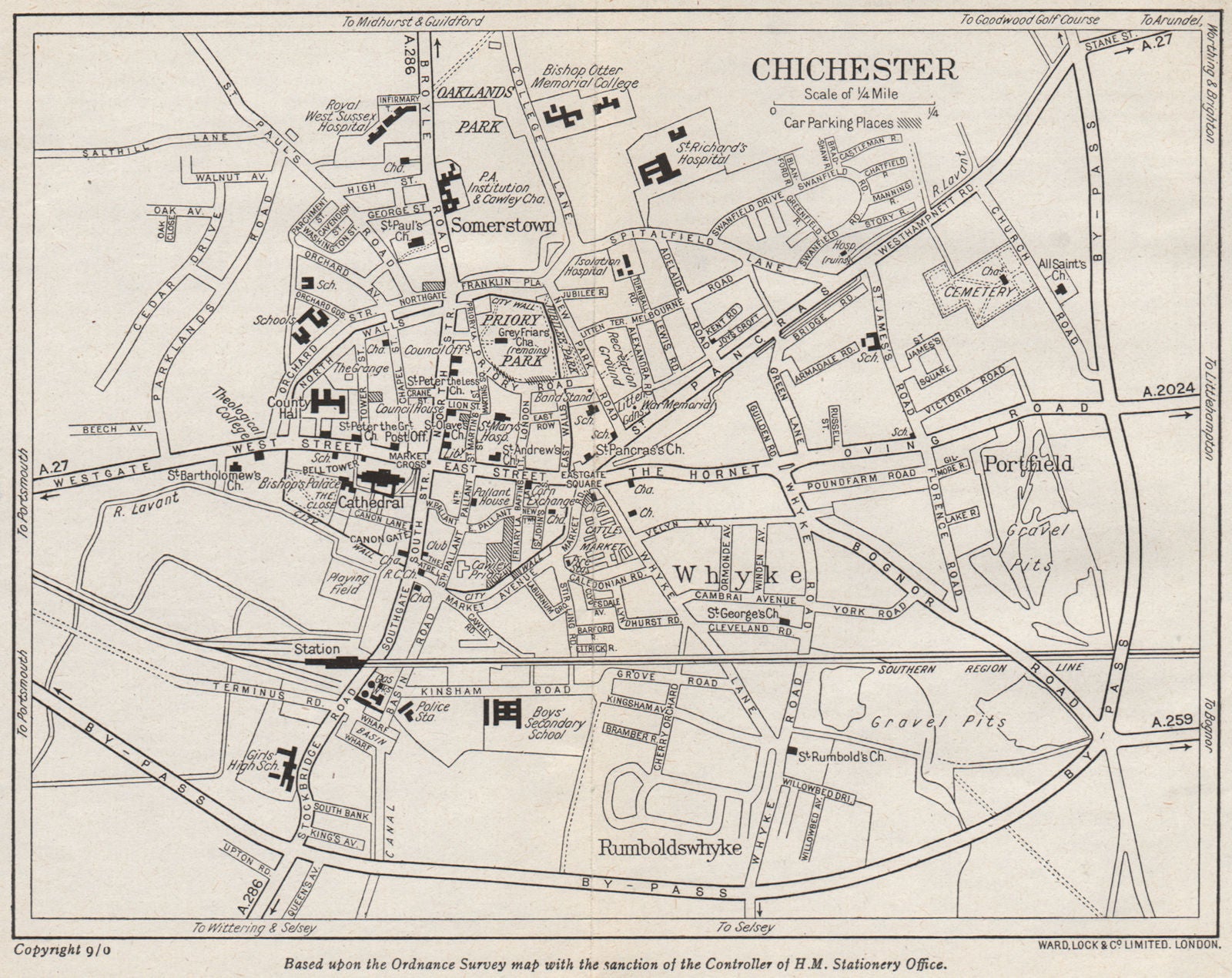 CHICHESTER vintage town/city plan. Sussex. WARD LOCK 1950 old vintage map